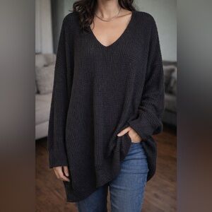 NWT FREE PEOPLE Oversized Black Waffle-Knit Slouchy Sweater • V-Neck • Fit S–3XL